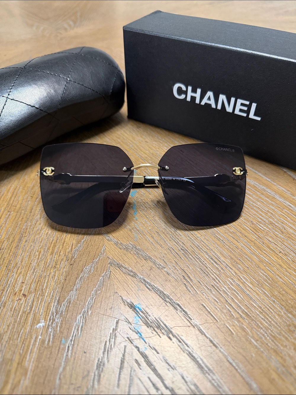 CHANEL Black Square Rimless Sunglasses with Gold CC Hardware